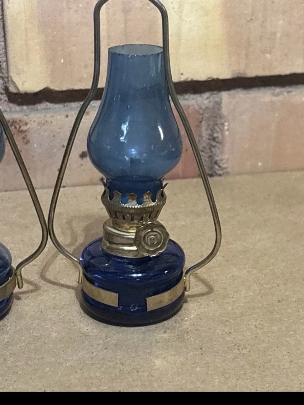 Pair Of Vintage Mini Blue Glass Hurricane Oil Lamp 5”